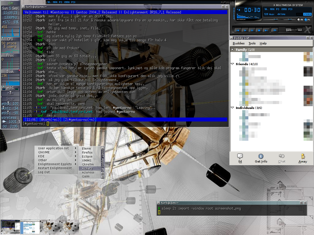 Linux and Enlightenment with XMMS, gkrellm and a few other applications running