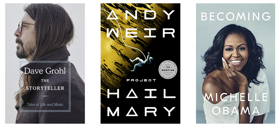 Cover of three books: The Storyteller by Dave Grohl, Project Hail Mary by Andy Weir and Becoming by Michelle Obama